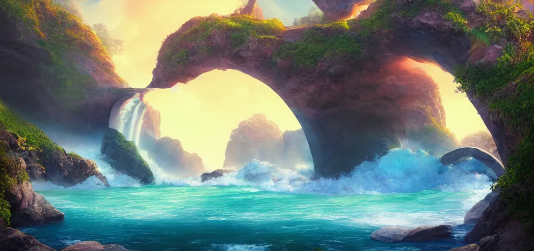 Prompt: beautiful view of a fantasy beach waterfall, giant thin stone semicircle arch structures, waves, caustics, symmetry, dramatic lighting, ultra detailed, sharp, ambient occlusion, bloom, raytracing, vibrant, vivid colors, picturesque, by dylan cole and jordan grimmer