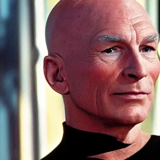 Prompt: captain picard with shoulder length wavy hair, long hair, hair stylist photo