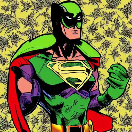 Image similar to weed man, super hero, marvel comics, flat shading, hyper detailed, comic book style, trending on art station