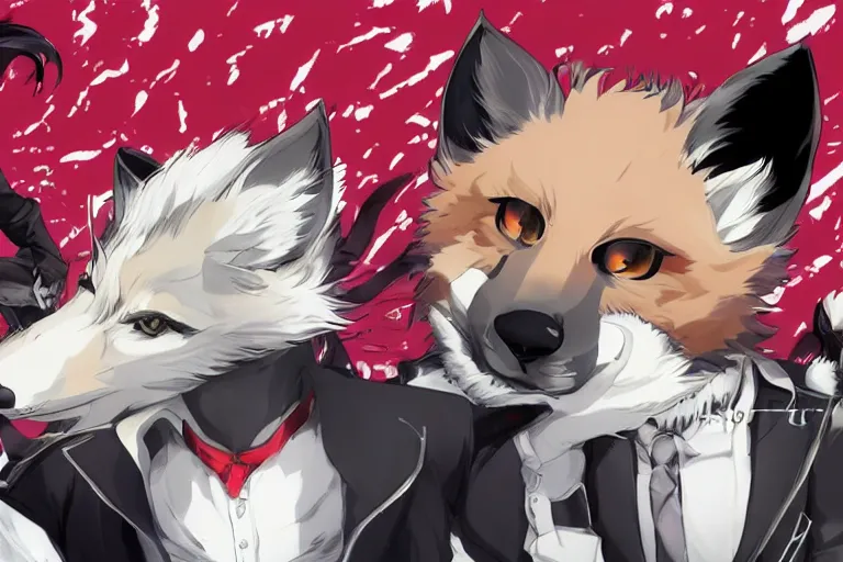 Image similar to a furry tan male fox on a persona 5 : royal ( by atlus ) video game splash screen, a furry male sandcolored tan fox fursona ( has hair ), persona 5 phantom thief style