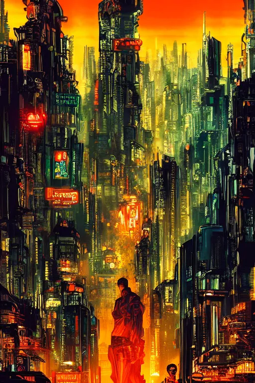 Image similar to movie poster for randypunk, intricate cyberpunk city, orange overlooking city, street gang, dramatic lighting, epic composition, bladerunner, tatsuki fujimoto