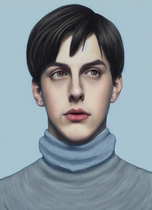 Image similar to portrait of teenage jughead jones wearing a light grey crown, crown, blue turtleneck, 1 9 5 0 s, closed eyes, photorealistic, black hair, glowing lighting, intricate, elegant, glowing lights, highly detailed, digital painting, artstation, concept art, smooth, sharp focus, illustration, art by wlop, mars ravelo and greg rutkowski