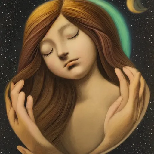 Prompt: A beautiful illustration of a young girl with long flowing hair, looking up at the stars. She appears to be dreaming or lost in thought. Sonic the Hedgehog by Dora Maar ✨