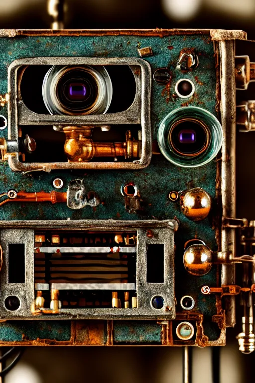 Image similar to A photo of a very old opened camera with vacuum tubes, capacitors and coils inside by Wes Anderson, grungy, weathered Ultra detailed, hyper realistic, 4k