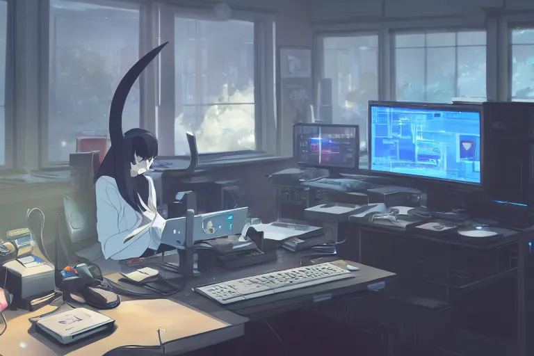 Image similar to a nerdy caracal is programming at a computer in a room full of gadgets, by makoto shinkai and ghibli studio, dramatic lighting, highly detailed, incredible quality, trending on artstation