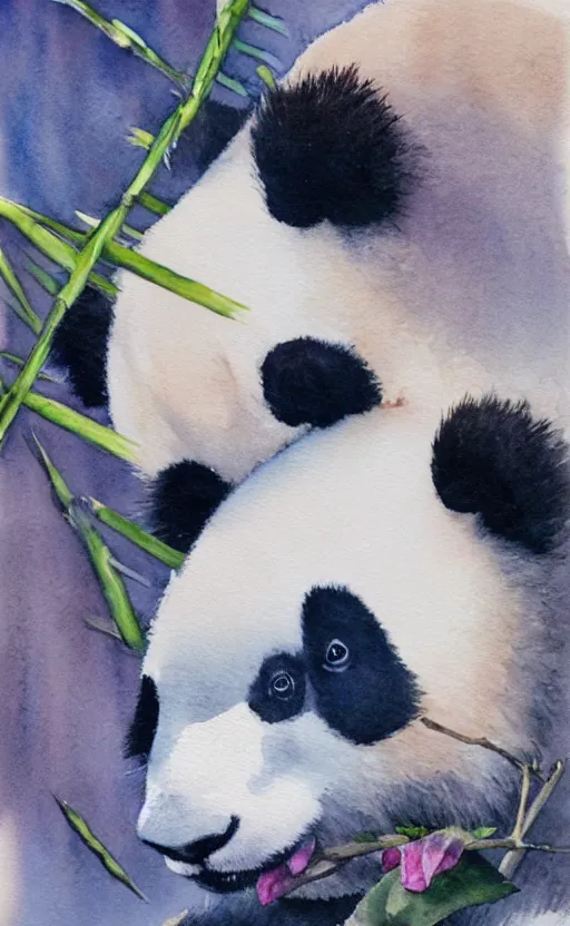 Image similar to a watercolor painting of a panda eating bamboo, dynamic lighting, photorealistic, ambient lighting, atmospherical, stunning visuals, trending on art station