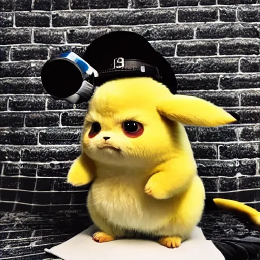 Image similar to portrait mid - sneeze cute detective pikachu mid - sneeze wiping face with rag at a photoshoot studio lighting