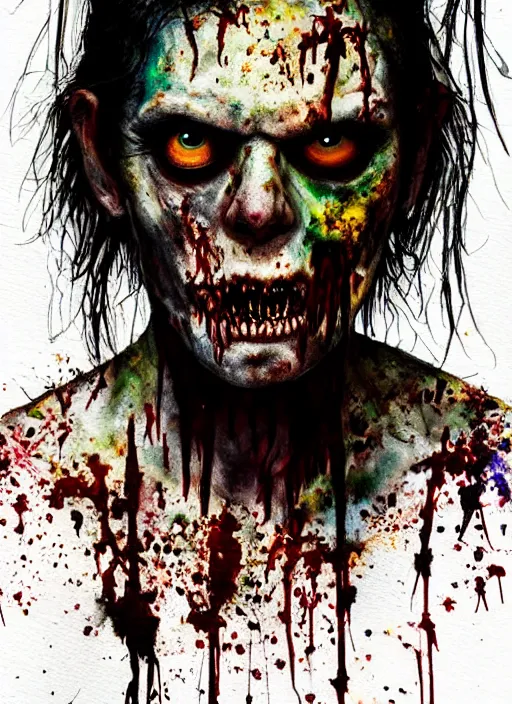 Image similar to zombie hollywood professional acting headshot, hyperrealism, david dennis, magazine cover person, intricate detailed, studio lighting, charming expression gesicht, hauntingly beautiful zombie, watercolor art, epic, legendary, drawn and painted, colored layers, dulled contrast, exquisite fine art, splatterpaint