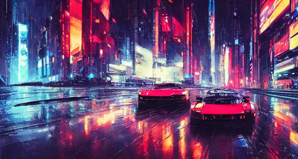 Prompt: racecar, rainy cyberpunk city, reflections, nights, 6 point perspective, by alena aenami and john berkey, trending on artstation