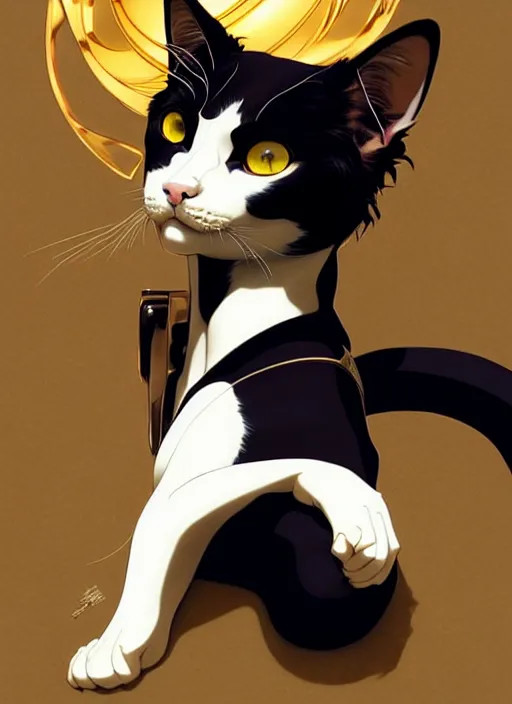 Prompt: ein from cowboy bebop playing with a tuxedo cat, intricate, elegant, hyper detailed, ultra definition, photoreal, artstation, unreal engine rendered, concept art, smooth, sharp focus, illustration, art by artgerm and greg rutkowski and alphonse mucha and garis edelweiss