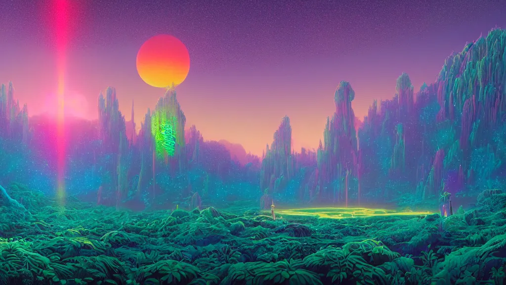 Prompt: highly detailed holographic iridescent glowing sci fi world with forests, deserts, oceans, at dusk, by gilbert williams, by simon stalenhag, by beeple, by bruce pennington, by moebius, juxtapoz, dynamic composition, octane render, with many different pastel shades of blue pink orange yellow green, beautiful lighting, prismatic