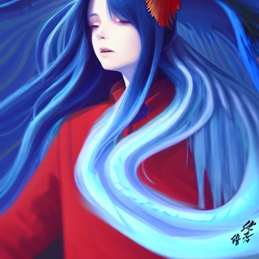 Prompt: blue slime swirling around rimuru tempest flying with bat wings, enveloped in ghosts, sky blue straight hair, bangs, with amber eyes, red tailcoat, high collar, ultra fine detail, dark theme, digital painting, psychedelic, cinematic, wlop, pixiv, ilya kuvshinov, ross tran