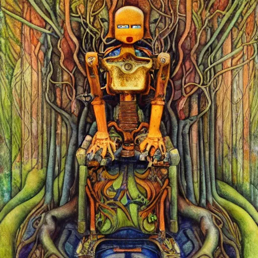 Prompt: robot seizes the forest throne, by Annie Swynnerton and Diego Rivera, symbolist, dramatic lighting, elaborate geometric ornament, tattoos, Art Brut, soft cool colors,smooth, sharp focus, extremely detailed