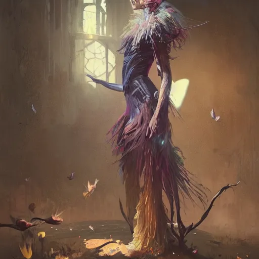 Image similar to painting of a pale witch dressed with feathers, illustration, artistic, colorful, hyper detailed, in the style of Greg Rutkowski,