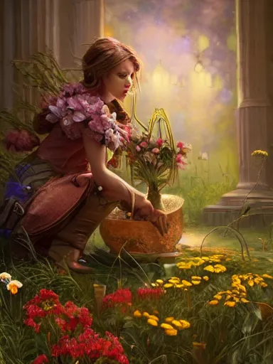 Prompt: a powerful magician working. weeds and flowers growing everywhere. intricate, elegant, highly detailed, digital painting, artstation, concept art, sharp focus, illustration, by justin gerard and artgerm, 8 k