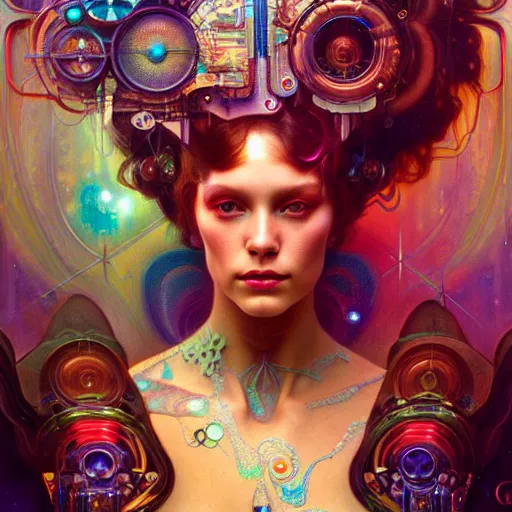 Image similar to extremely psychedelic cyborg queen of lsd. intricate, elegant, highly detailed, extremely lifelike photorealistic digital painting, artstation. steichen, gaston bussiere, tom bagshaw, cyberpunk alphonse mucha