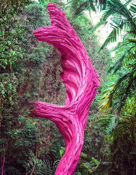 Prompt: vintage color photo of a giant 1 1 0 million years old abstract sculpture made of liquid pink gold covered by the jungle vines