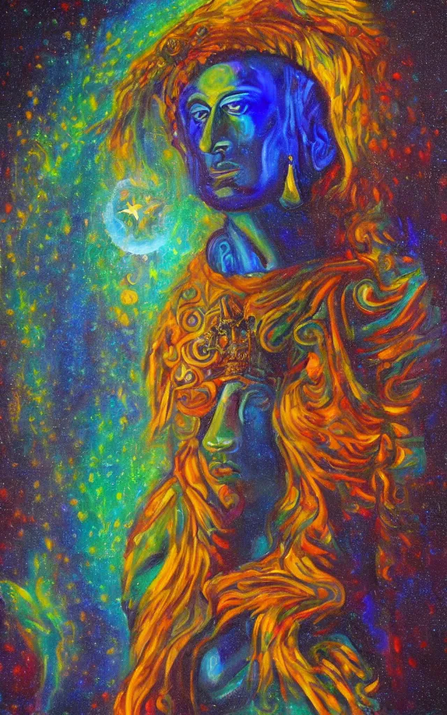 Image similar to the god of the lunar mythos lunar deity, award winning oil painting, iridescent colors