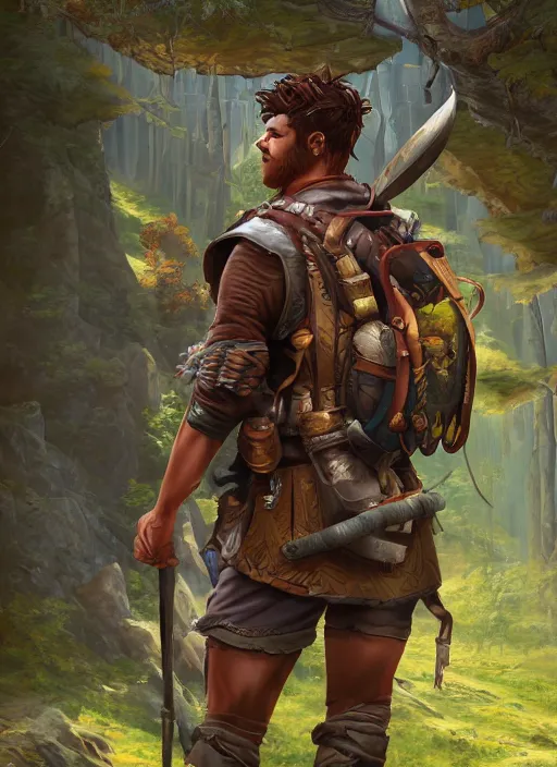 Image similar to an epic fantasy comic book style portrait painting of a male fantasy explorer in the wilds with a backpack and map, unreal 5, daz, hyperrealistic, octane render, cosplay, rpg portrait, dynamic lighting