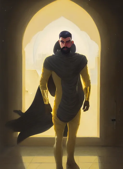 Prompt: a portrait of arab man superhero, modern light suit, yellow charcoal, stephen bliss, highly detailed, 8 k, unreal engine, fantasy art by greg rutkowski, loish, rhads, ferdinand knab, makoto shinkai and lois van baarle, ilya kuvshinov, rossdraws, tom bagshaw, global illumination, radiant light