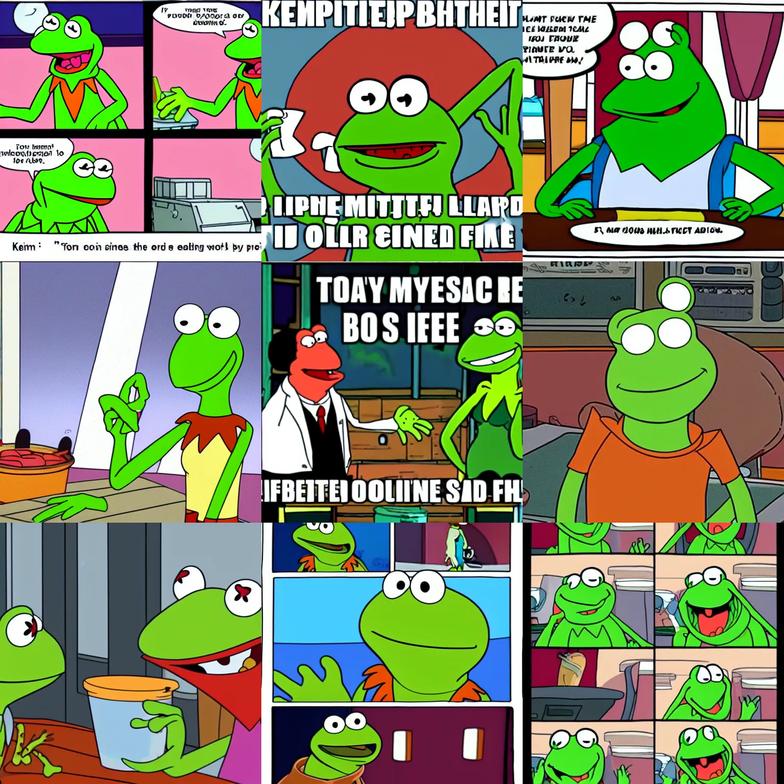 Prompt: Kermit the Frog Futurama meme, Fry