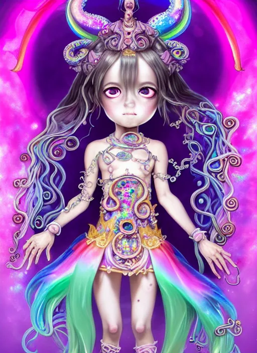 Image similar to A full body shot of a cute young magical girl wearing an ornate dress made of opals and tentacles. Chibi Monster GIrl. Subsurface Scattering. Dynamic Pose. Translucent Skin. Rainbow palette. defined facial features, symmetrical facial features. Opalescent surface. Soft Lighting. beautiful lighting. By Giger and Ruan Jia and Artgerm and WLOP and William-Adolphe Bouguereau and Loish and Lisa Frank. Fantasy Illustration. Sailor Moon. Masterpiece. trending on artstation, featured on pixiv, award winning, cinematic composition, dramatic pose, sharp, details, Hyper-detailed, HD, HDR, 4K, 8K.