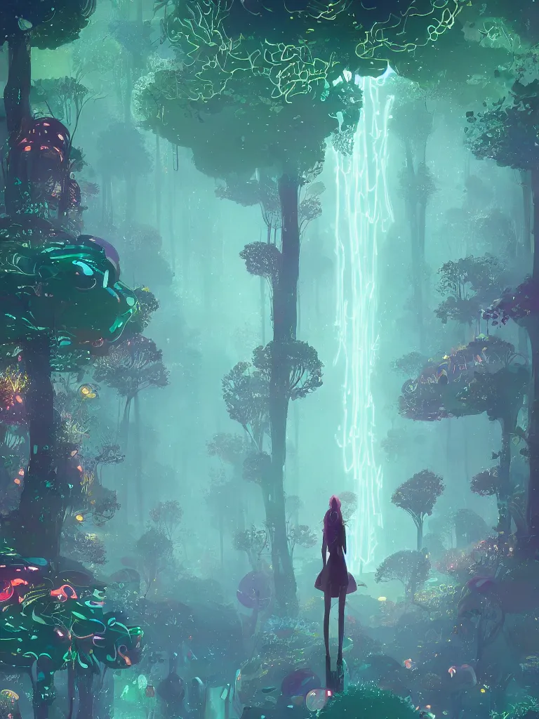 Prompt: magic circular forest with giant trees, vibrantly lush, waterfall, giant glowing mushrooms, neon lighting, beautiful volumetric lighting, , intricate details, giant ethereal creature, tall fantasy people, cinematic illustration by pascal campion , trending on artstation,