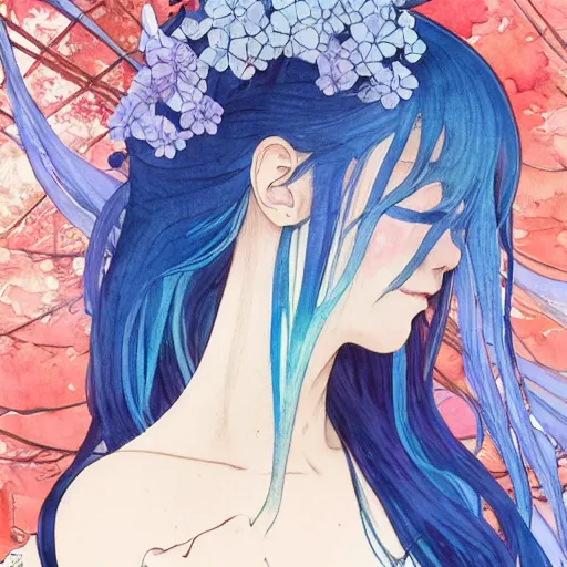 Image similar to side view a beautiful and inspiring intricate watercolor illustration artwork bright blue hair japanese girl in the forest, feeling the nature, eyes closed, 4 k, ultra - wide angle, by william turner, by victo ngai, by alphonse mucha, by miho hirano, hd, trending on artstation, hyper detailed, muted colors, inspiring, beautiful, energetic