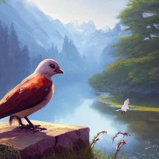 Prompt: Anthropomorphic bird, sitting at a pond, mountainous area, trees in the background, oil painting, by Fernanda Suarez and Greg Rutkowski