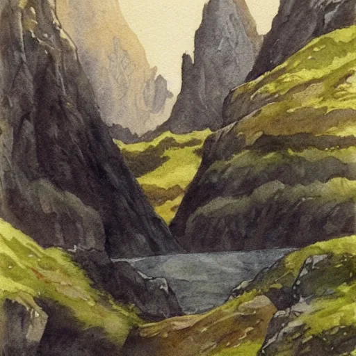 Image similar to middle earth landscapes by j. r. r. tolkien, watercolor,