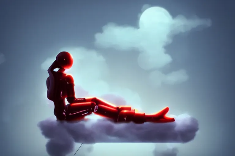 Image similar to a cute robot girl sitting on a cloud relaxing, misty, digital art, hazy, foggy, red lighting, ambient lighting, 8 k,