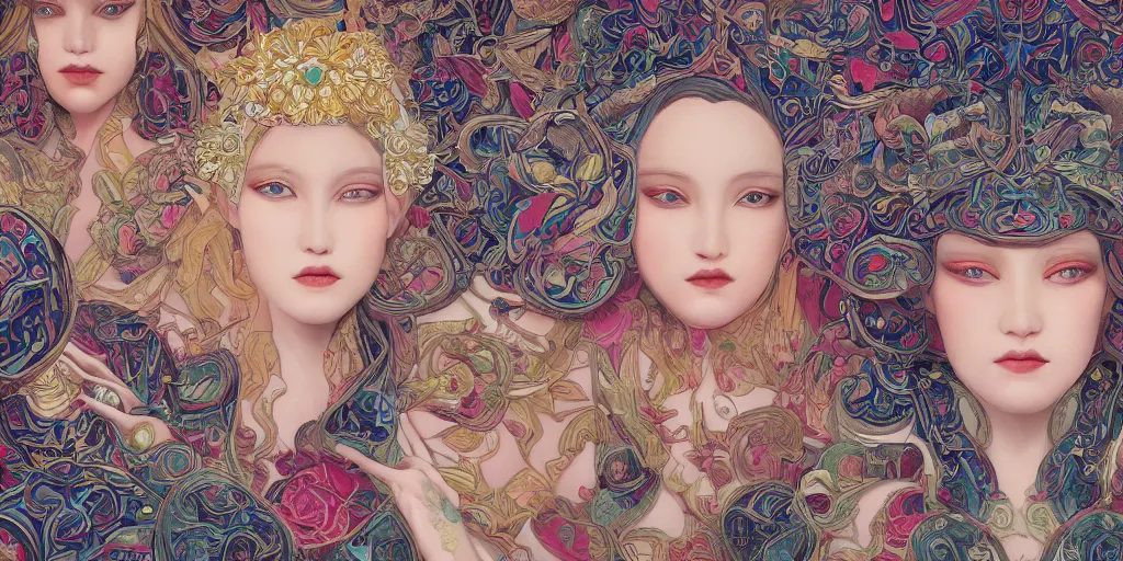 Image similar to breathtaking detailed concept art painting kaleidoscope art deco pattern of blonde faces goddesses amalgamation flowers, by hsiao - ron cheng, bizarre compositions, exquisite detail, extremely moody lighting, 8 k