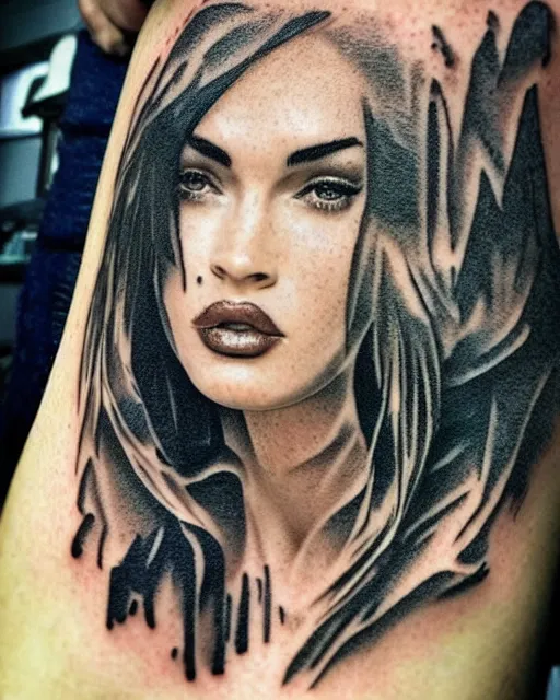Prompt: megan fox face faded next to realistic mountain scenery, double exposure effect, medium sized tattoo sketch, amazing detail, trending on pinterest, in the style of brandon kidwell