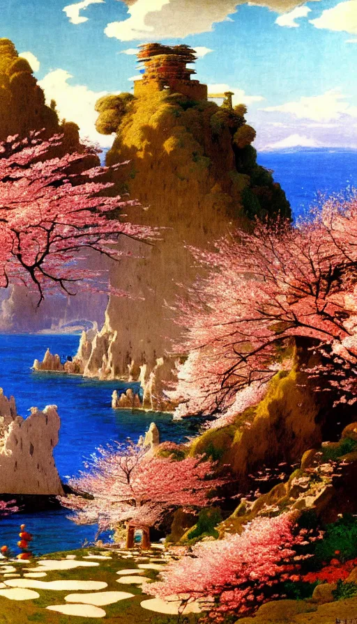 Image similar to ghibli illustrated background of a strikingly beautiful landform with strange rock formations acastle is seen in the distance, and red water and cherry blossoms by vasily polenov, eugene von guerard, ivan shishkin, albert edelfelt, john singer sargent, albert bierstadt 4 k
