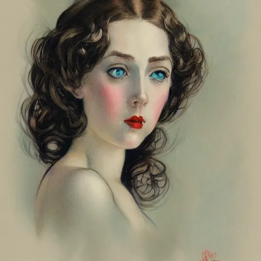 Image similar to a portrait of a beautiful woman in the style of charles dana gibson and in the style of peter mohrbacher. porcelain skin, big blue eyes.