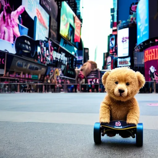 Prompt: a teddy puppy on a skateboard in times square