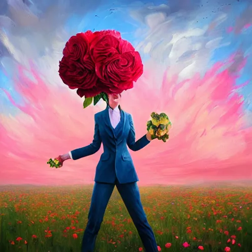 Image similar to giant rose flower head, frontal, girl in a suit, surreal photography, sunrise, dramatic light, impressionist painting, digital painting, artstation, simon stalenhag