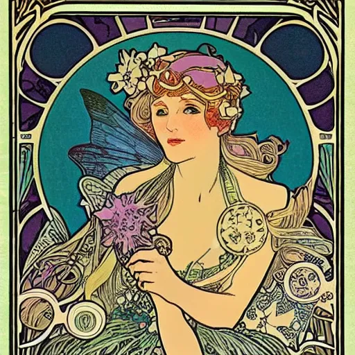 Prompt: princess fairy creating parallels universes, art nouveau by Mucha, beautiful detailed illustration