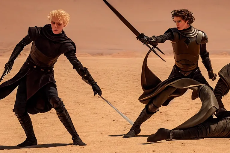 Prompt: Photography of dagger duel between bald_hairless_Austin_Butler_as_Feyd-Rautha_Harkonnen and Timothee_Chalamet_as_Paul_Atreides, in an arena pit, film still from movie Dune-2021, golden ratio