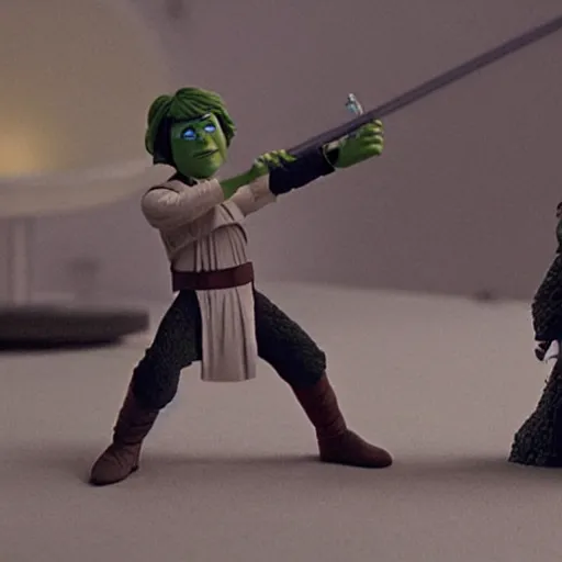 Image similar to claymation scene from star wars of darth vader lightsaber battle against luke skywalker