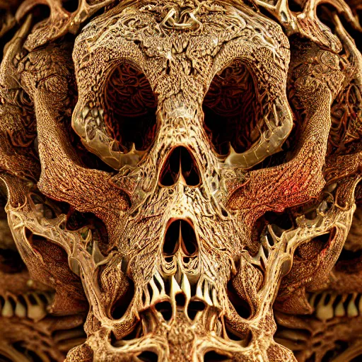 Prompt: Macro photography of fractal dragon scale, fantasy skull, intricate ornate details, mandelbrot, octane render, 8k, high quality, volumetric lighting, smooth surface render