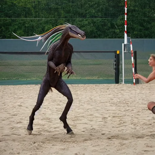 Prompt: a velociraptor playing volleyball with a horse