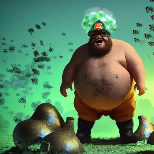 Image similar to highly detailed octane render of a short ugly fat man with a giant beard and wearing armour, goggles and a safety hat whilst laughing at a green mushroom cloud surrounded by dead insects in a cave
