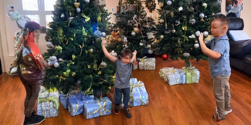 Prompt: disappointed funereal kid after receiving a hyperrealistic giant moai statue for a christmas present. christmas tree as background. wide angle shot. render 5. octane render. highly detailed. trending on reddit. trending on kidsarefuckingstupid, trending on social media memes.