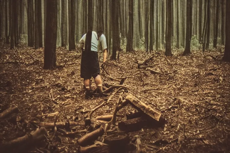 Image similar to terrible dark forest in the depths of which there is a thick butcher in a dirty shirt, chopping meat on a wooden stump, filmed hidden on a phone camera, Cinematic, wildlife photography, 35mm, photo on iphone