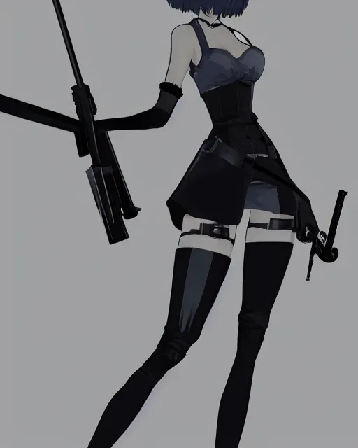 Prompt: 2B from Nier Automata and with slender body type standing holding a rifle, cartoon illustration, 8k