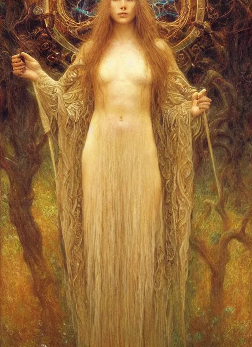 Image similar to Portrait of a druid druid, by Jean Delville and Sophie Anderson, golden ratio, perfect composition, elegant, extremely detailed, hd, masterpiece, artstation