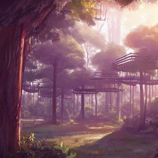 Image similar to concept art painting of treehouses made out of trees, walkways between trees, trees with doors and windows in a deep forest, realistic, detailed, cel shaded, in the style of makoto shinkai and greg rutkowski and james gurney