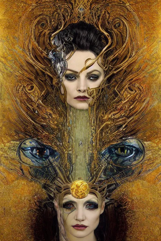 Prompt: Intermittent Chance of Chaos Muse by Karol Bak, Jean Deville, Gustav Klimt, and Vincent Van Gogh, Surreality, enigma, Loki's Pet Project, destiny, Poe's Angel, fate, inspiration, muse, otherworldly, fractal structures, arcane, ornate gilded medieval icon, third eye, spirals