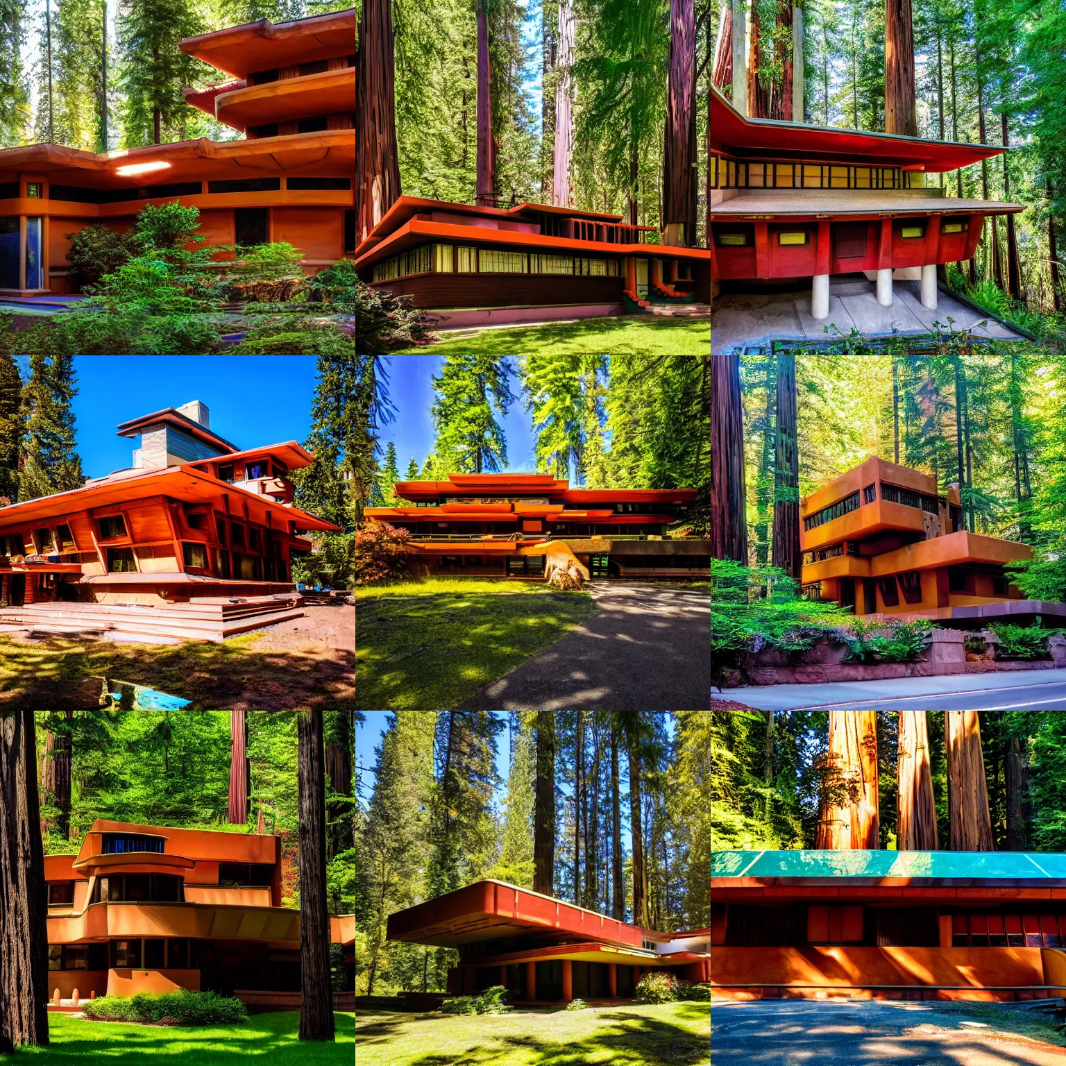 Prompt: exterior of a psychedelic solarpunk Frank Lloyd Wright house with a stained glass roof in the redwoods on a sunny day, award winning hd 8k photo